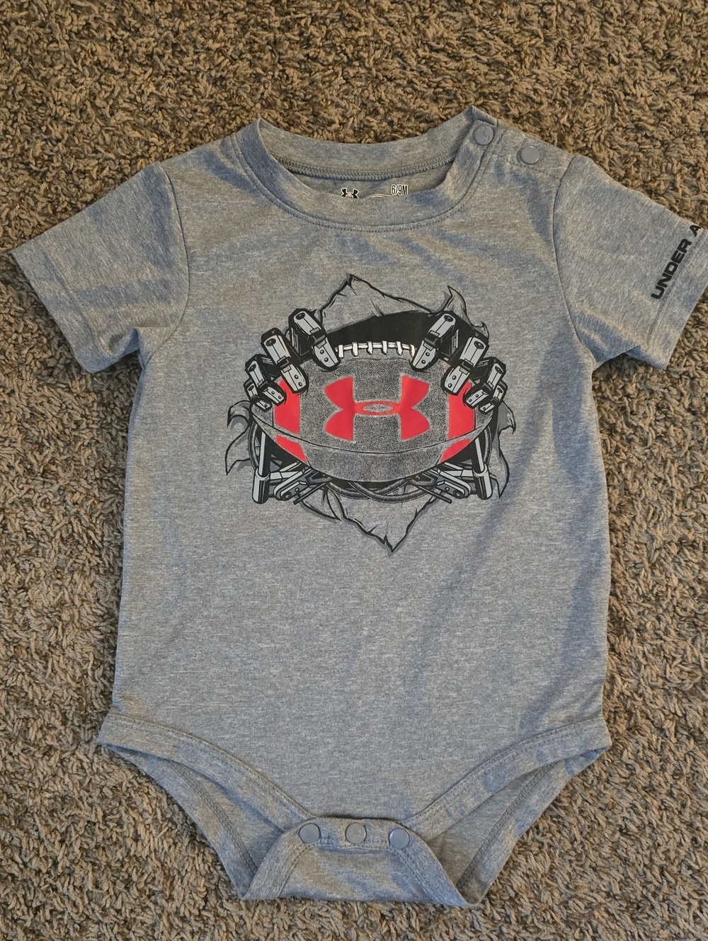 6/9M Under Armour Gray & Red Logo Football Baby One-Piece Bodysuit